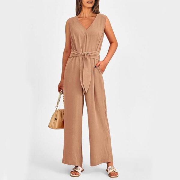 New V-neck Sleeveless Long Jumpsuit With Pockets And Lace-up Design Wide-leg Straight Trousers Summer Womens Clothing - Image 9