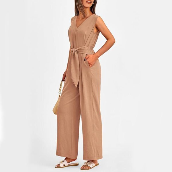 New V-neck Sleeveless Long Jumpsuit With Pockets And Lace-up Design Wide-leg Straight Trousers Summer Womens Clothing - Image 3