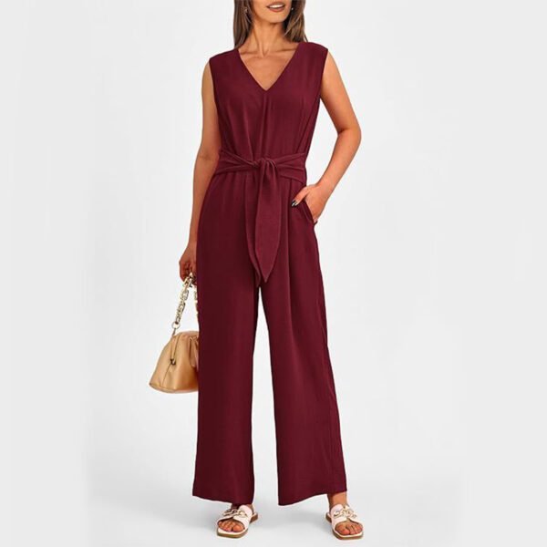 New V-neck Sleeveless Long Jumpsuit With Pockets And Lace-up Design Wide-leg Straight Trousers Summer Womens Clothing - Image 6