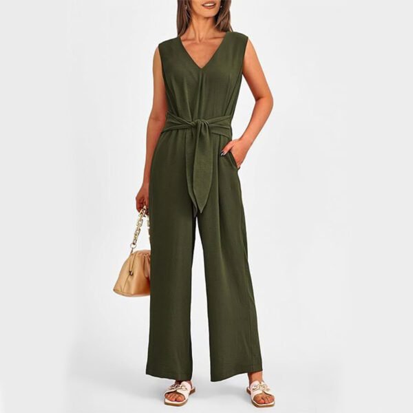 New V-neck Sleeveless Long Jumpsuit With Pockets And Lace-up Design Wide-leg Straight Trousers Summer Womens Clothing - Image 5