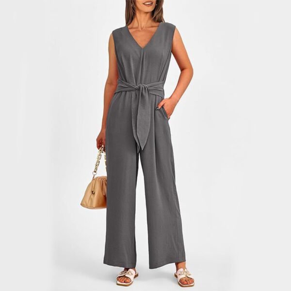 New V-neck Sleeveless Long Jumpsuit With Pockets And Lace-up Design Wide-leg Straight Trousers Summer Womens Clothing - Image 8