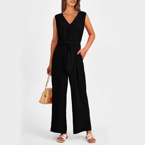 New V-neck Sleeveless Long Jumpsuit With Pockets And Lace-up Design Wide-leg Straight Trousers Summer Womens Clothing - Image 2