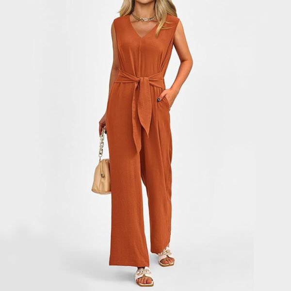 New V-neck Sleeveless Long Jumpsuit With Pockets And Lace-up Design Wide-leg Straight Trousers Summer Womens Clothing - Image 7