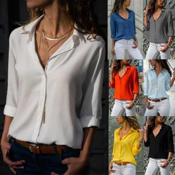 Women Deep V Button Chiffon Shirt