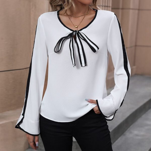 Women Lace-up Bow Shirt Long-sleeved Contrasting Color Shirt - Image 4