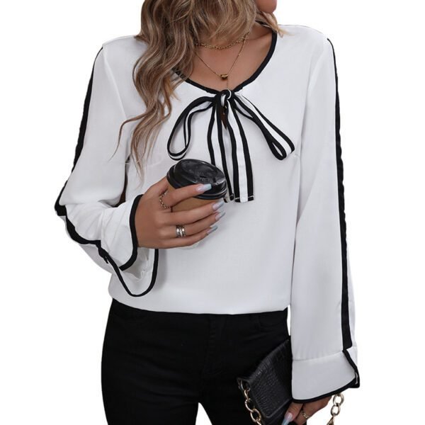 Women Lace-up Bow Shirt Long-sleeved Contrasting Color Shirt - Image 5