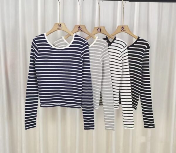 Summer Long-sleeved Striped T-shirt Women's Low Collar Beauty Back Knitted