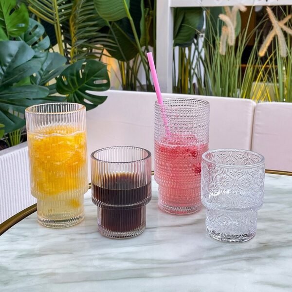 Bead-point Embossed Glass Water Cup American-style Vintage Begonia Flower Coffee Cup Milk Tea Cup Can Be Stacked Dense Fruit Juice Beverage Cup - Image 2